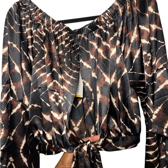 Y2K Boho Off Shoulder Stain Bell Sleeve Chocolate Brown Black Animal Print Large - Picture 6 of 11